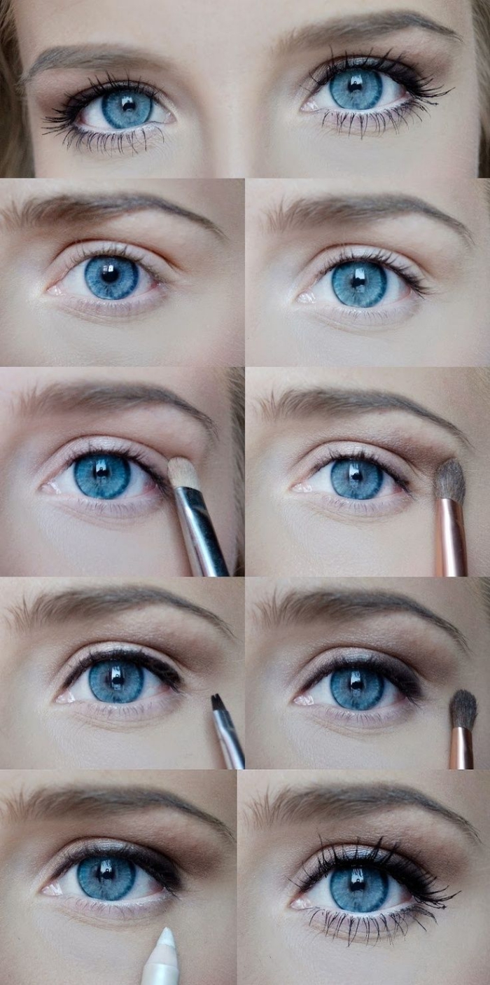 tuto maquillage yeux bleus, étapes à suivre pour appliquer fards à paupières marron et mascara noir