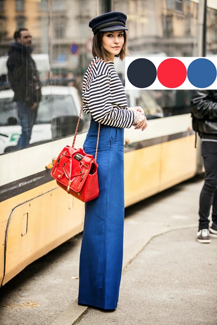 les couleurs qui vont ensemble pour s habiller, combiner les couleurs neutres blanc et noir avec le rouge et le bleu, blouse rayée blanc et noir avec pantalon bleu foncé