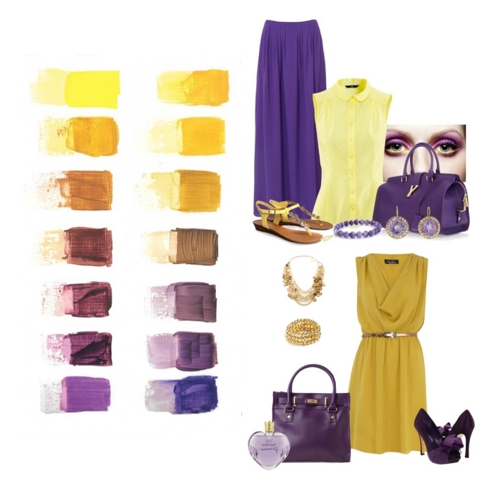 melange de couleur, association des couleurs complémentaire dans la mode, pièces de nuances jaunes avec pièces de nuances violettes