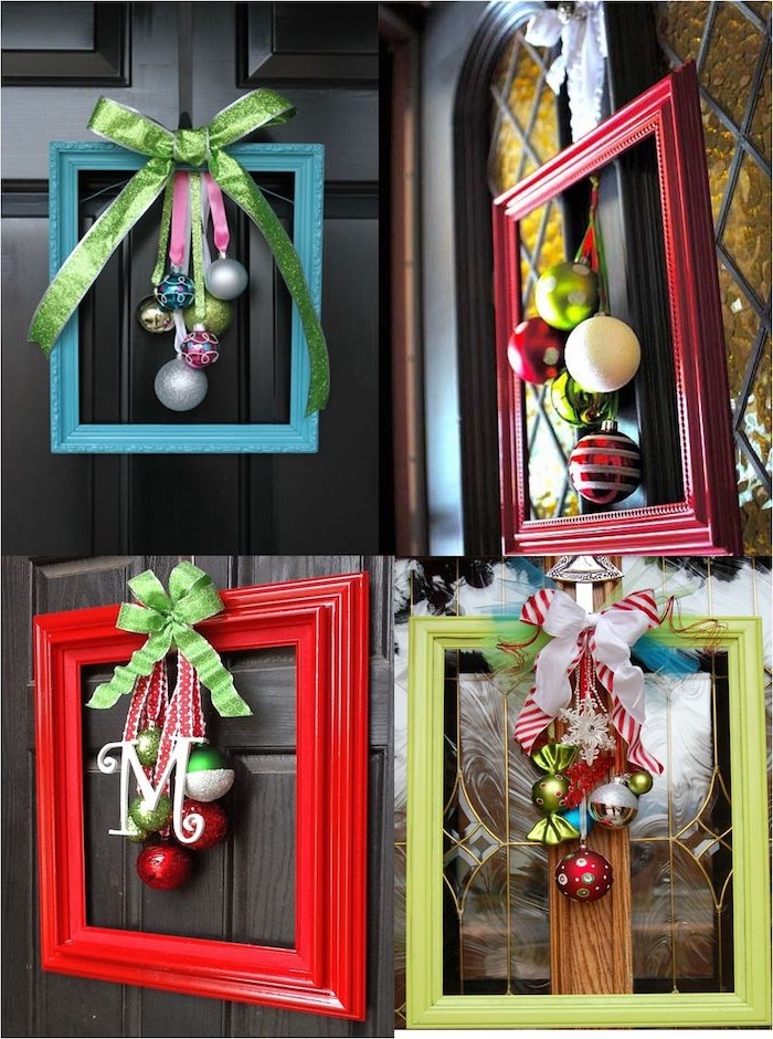 decoration de porte, bricolage de noel facile, couronne de noel en forme de cadre coloré avec des boules de noel suspendues