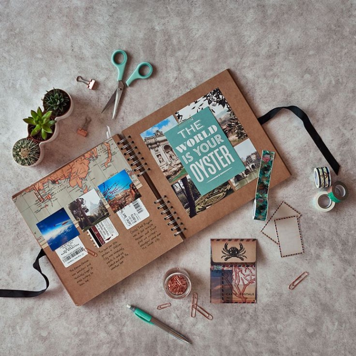 matériel scrapbooking, carnet de voyage avec carte de monde photos et notes, pots à fleurs avec petits cactus verts