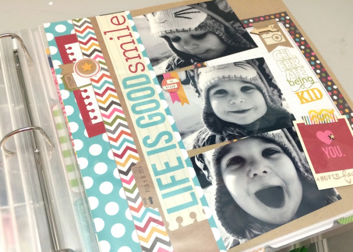 faire un album photo, décoration des pages scrapbooking avec rubans adhésifs et stickers autocollants