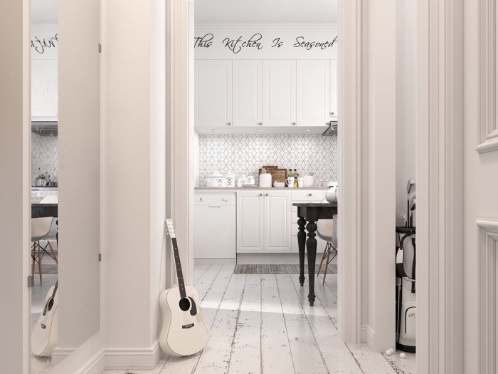 cuisine équipée, aménagement de cuisine en style scandinave blanche, revêtement de sol en bois peint en blanc