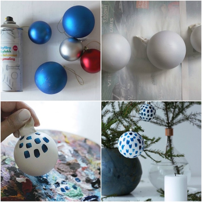 activite manuelle noel, boules de noel, repeintes en blanc avec decoration de touches de peinture bleue pour decorer des branches de pin