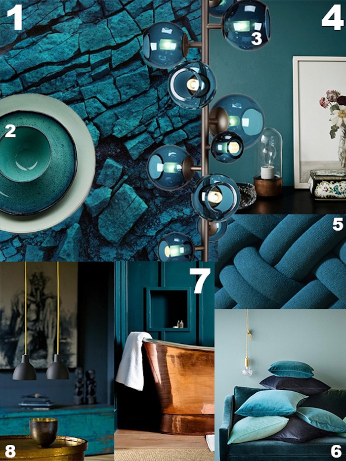 accessoire décoratif pour introduire le bleu petrole par petites touches, coussins bleus effet ombré, mur bleu canard, luminaire, meuble couleur bleue