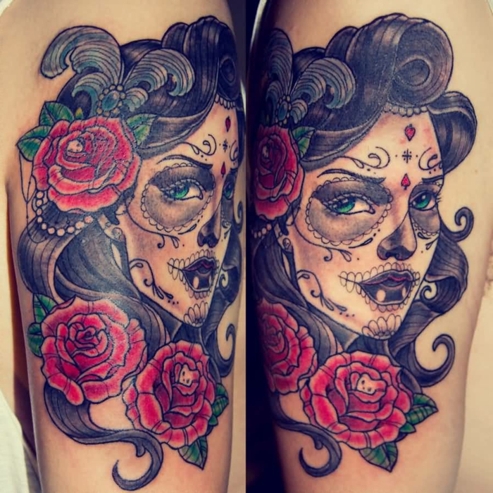 dessin coloré, tatouage portrait de femme, femme espagne et roses rouges