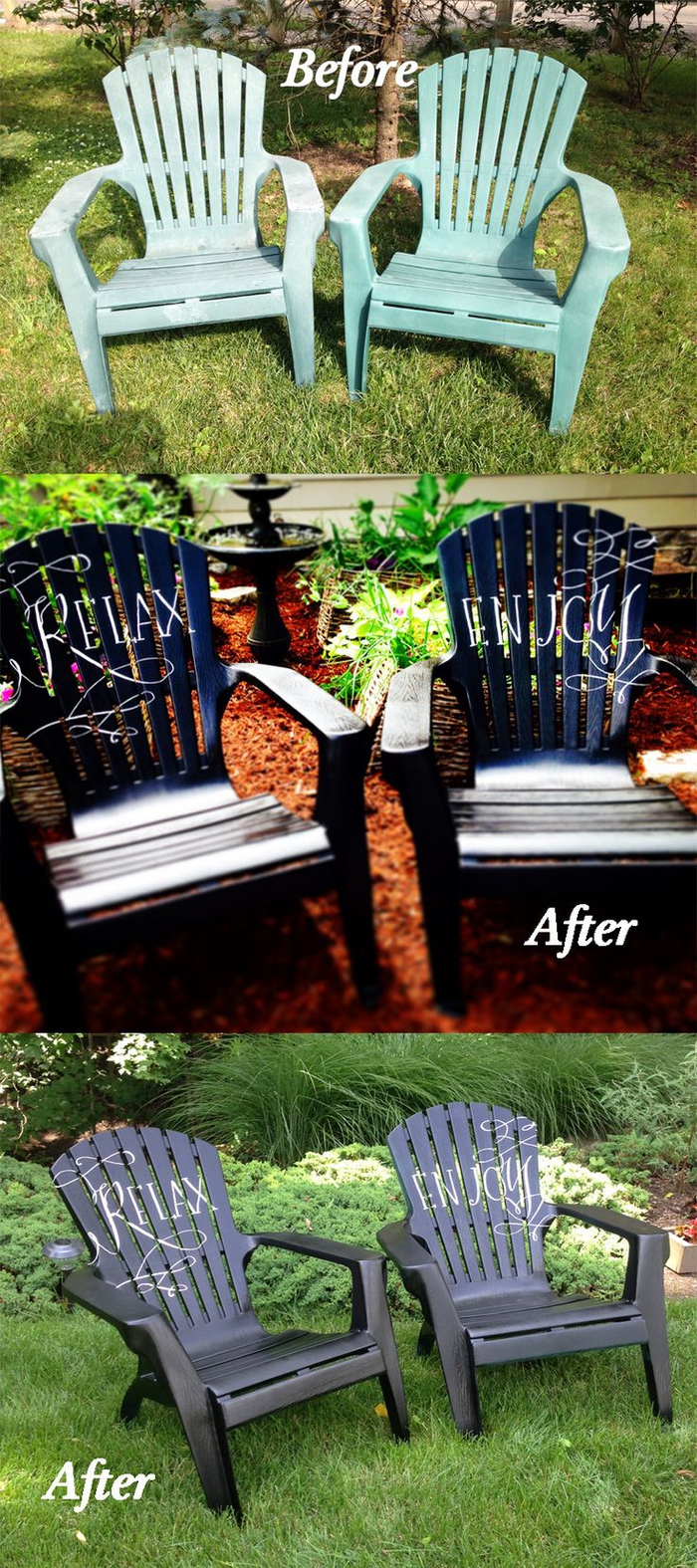 la transformation bluffante des chaises de jardin en plastique à quelques coups de peinture, peindre un meuble de façon originale