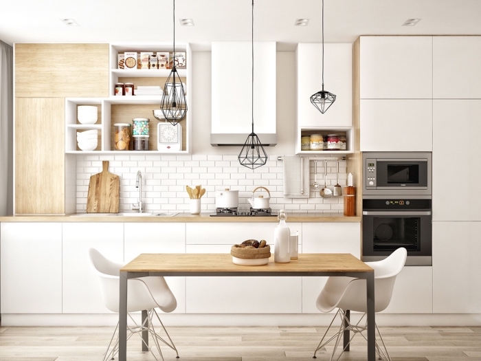 cuisine en bois, rangements de cuisine ouvert avec placards et étagères en bois blanc et clair