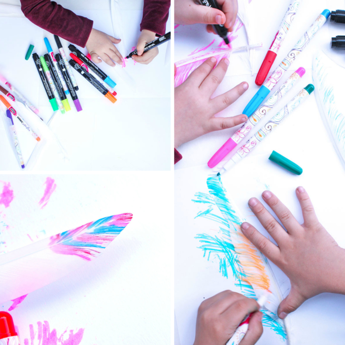 un bricolage facile pour découvrir des techniques de peinture sur plumes variées et stimuler la créativité des enfants