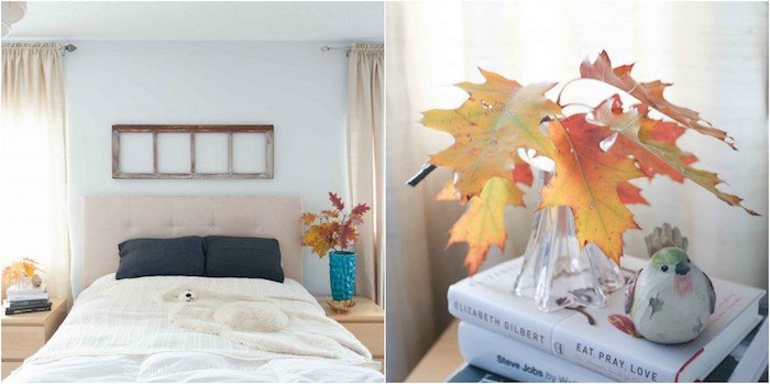 diy déco chambre sur l automne, vase rempli de feuilles mortes, echelle decorative en guise de tete de lit