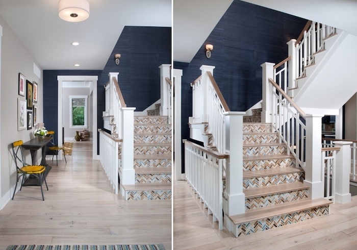 renocvation escalier en vois avec des contremarches habillées de stickers autocollants colorés, effet geometrique, rampe escalier blanche et bois, mur montée couleur gris anthracite