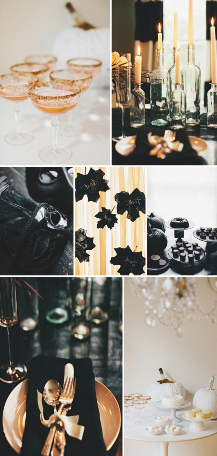 activité halloween, décoration en noir et or, comment arranger la table Halloween avec verres champagnes et bougies Halloween