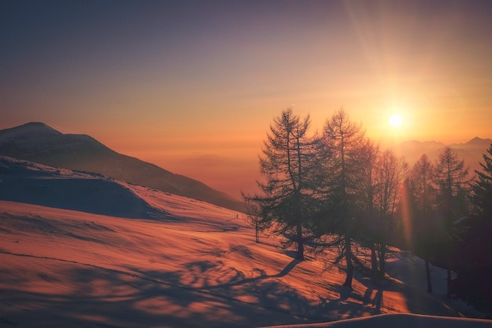 paysage hiver fond ecran, montagne enneigé, ensevelie sous la neige, arbres, paysage au lever du soleil