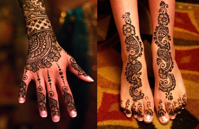 henné tatouage, dessin au henné noir sur les mains et les pieds, modèle de tatouage temporaire pour femme