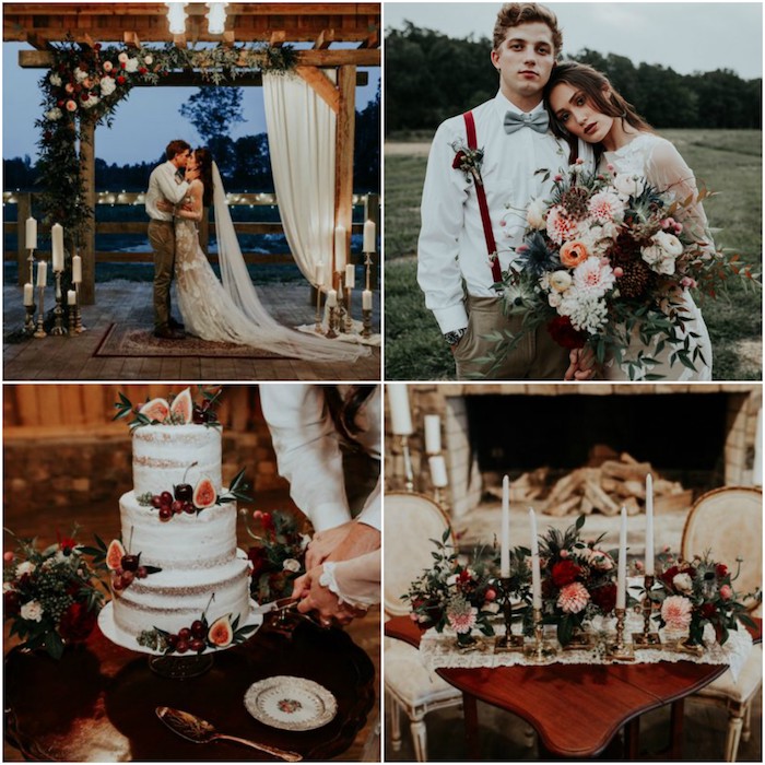 deoc champetre automnale, fleurs, bougies et arche fleurie dans des couleurs d automne, couple mariée sympa, jolie robe champetre