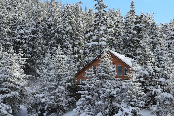 fond d écran hiver en montagne enneigée, foret conifères, surchargés de neige, maison cabane en bois