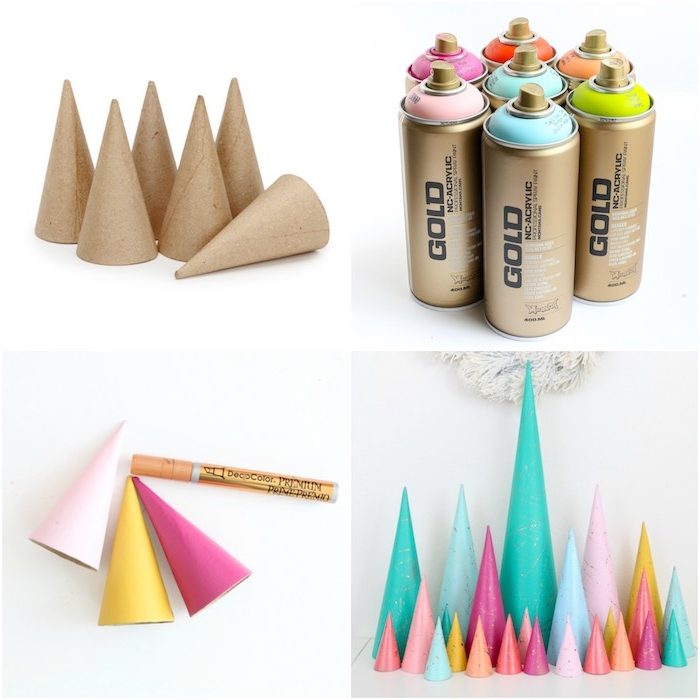 deco noel a faire soi meme, des cones en papier maché colorés de peinture et customisés avec marqueur liquide doré