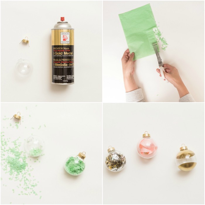 fabriquer une boule de noel personnalisée, exemple de boules transparentes remplies de confettis, ruban ou décorées de peinture, bricolage facile deco sapin de noel
