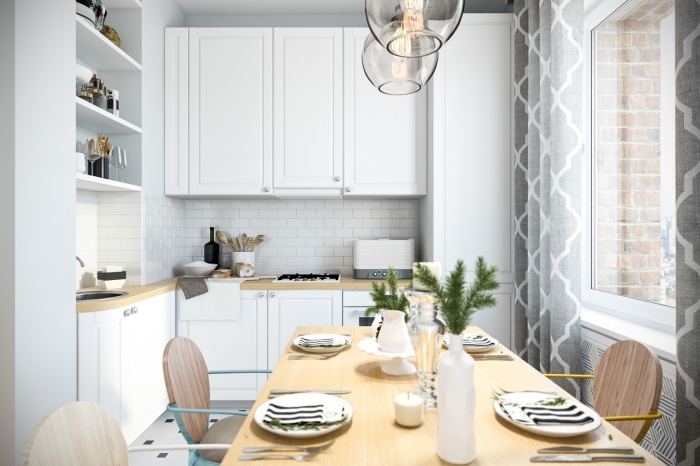 déco scandinave, aménagement cuisine ouverte vers la salle à manger, aménagement petit espace avec meubles pratiques
