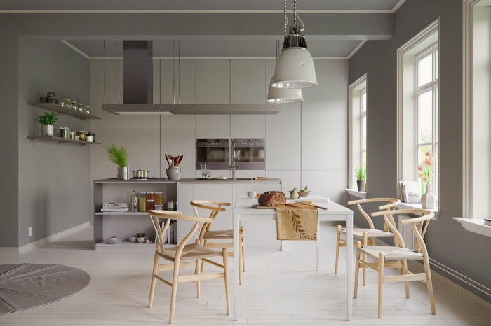 meuble scandinave, décoration de cuisine en gris et bois, lampes suspendues en blanches avec finitions métalliques