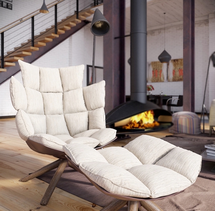 comment décorer le salon loft, modèle de fauteuil avec tabourets en siège blanche et pieds de bois