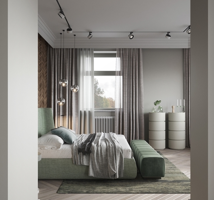modele de chambre adulte grise avec rideaux gris et parquet en bois clair, lit et bout de lit céladon couleur, éclairage à plusieurs lumières au plafond
