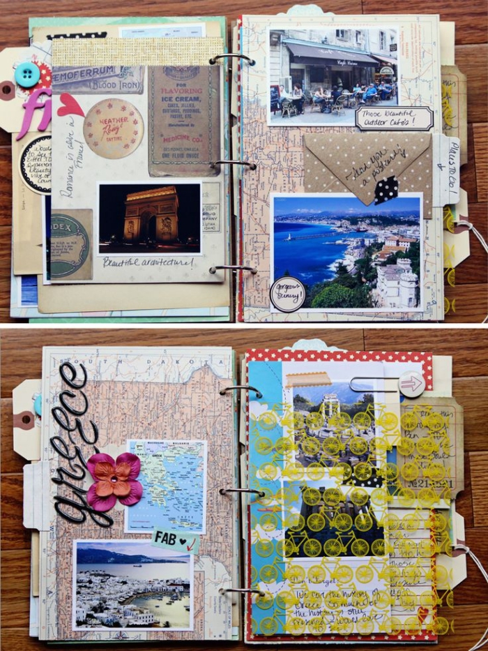 modèle de carnet de voyage, exemples pages dans un album photo à thème voyage avec photo et notes