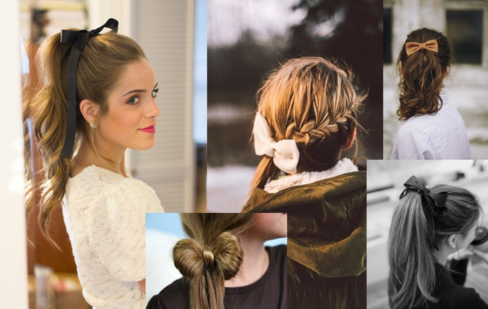 looks-romantiques-coiffures-cheveux-longs-avec-ruban-queue-de-cheval-bouffante-chignon-noeud-tresse-de-côté comment transformer les coiffures cheveux longs avec un ruban de pour afficher un look romantique et doux