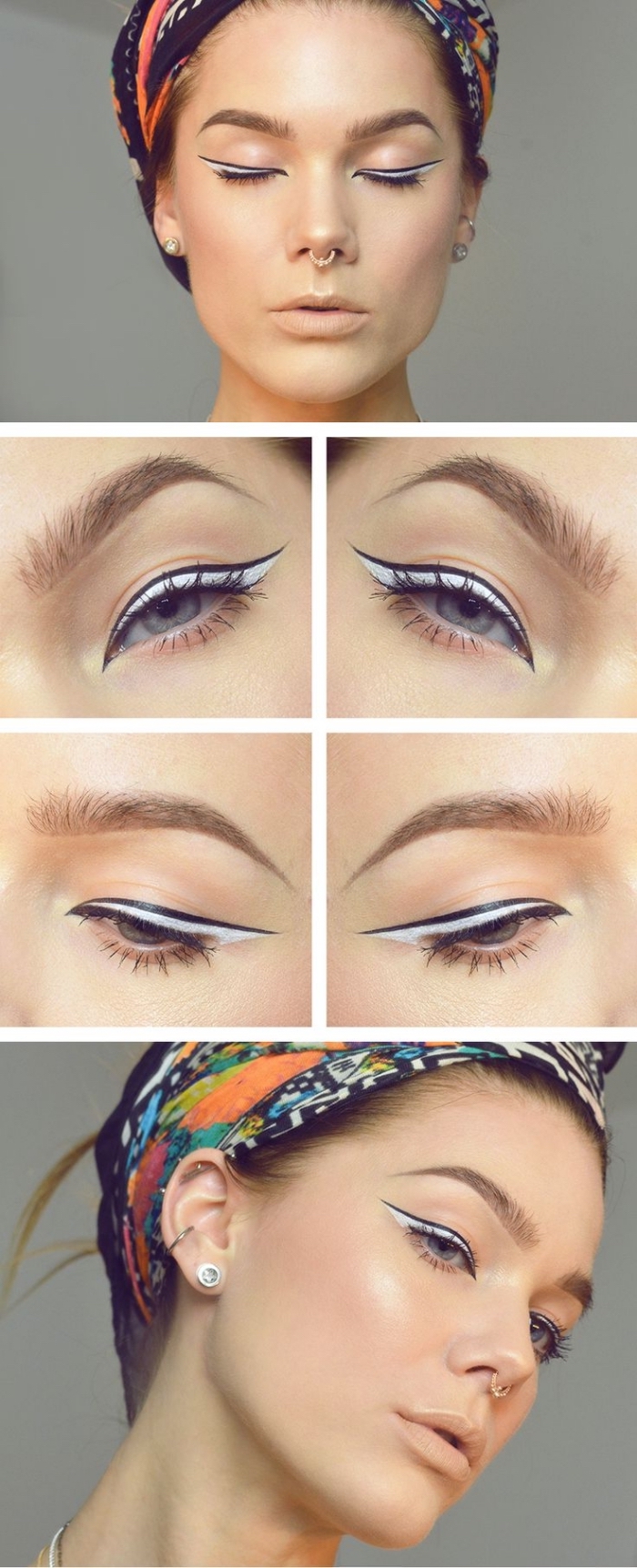 maquillage-paupiere-coiffure-cheveux-attachés-contouring-visage-fond-de-teint-rouge-a-levres-nude-eye-liner-noir-yeux-bleus-maquillage tuto maquillage yeux bleus, coiffure cheveux attachés, contouring visage facile au fond de teint nuance pêche et lèvres nude