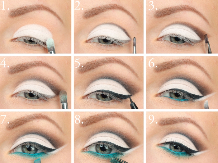 comment se maquiller les yeux, étapes à suivre pour mettre fards à paupières blancs avec eye-liner noir et bleu