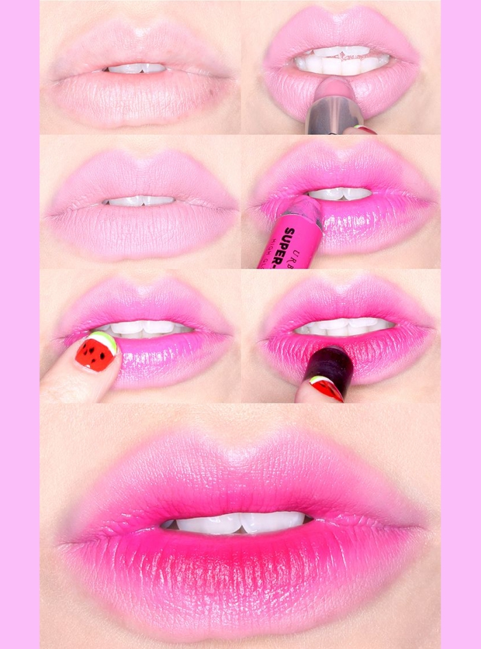 comment se maquiller, tutoriel pour appliquer son rouge à lèvres rose, produit cosmétique lèvres rose foncé