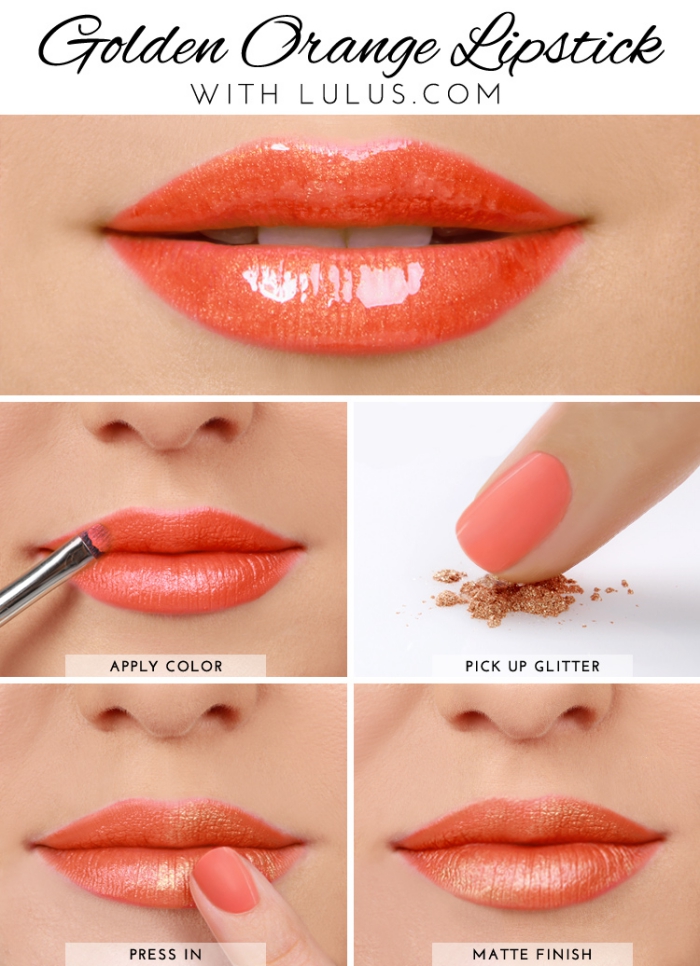 conseils beauté, comment appliquer un rouge à lèvres orange, tuto maquillage des lèvres avec effet brillant
