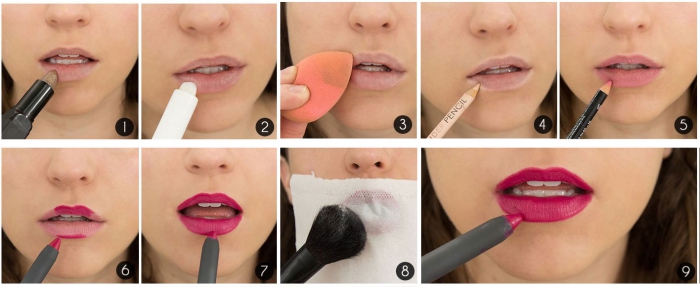 comment mettre du rouge a levre, appliquer le rouge à lèvres avec pinceau, créer un effet matte sur la bouche