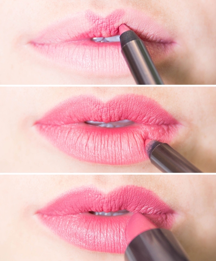 tuto facile pour se maquiller, comment mettre rouge à lèvres de nuance rose, étapes à suivre pour se maquiller la bouche