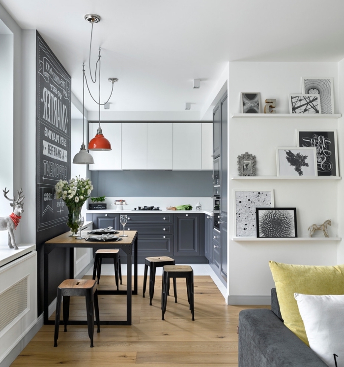design scandinave, aménagement de cuisine ouverte vers le salon, meubles de cuisine en blanc et noir