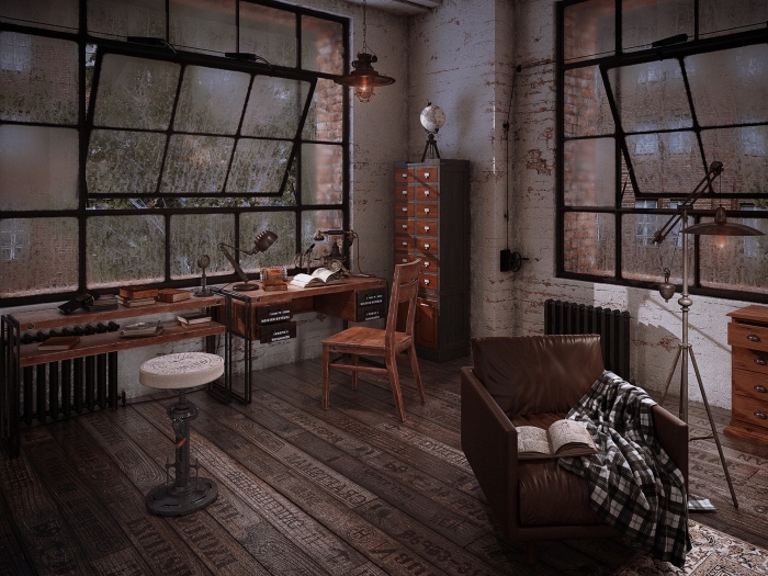 decoration d interieur, aménagement studio loft aux fenêtres noires et plancher en bois foncé, fauteuil en cuir marron avec plaid blanc et noir