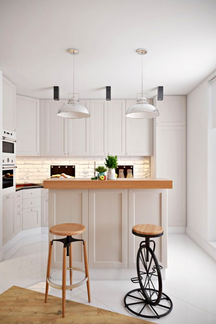 deco scandinave, aménagement petite cuisine avec ilot central en blanc et bois, revêtement de sol en blanc et bois carrelage