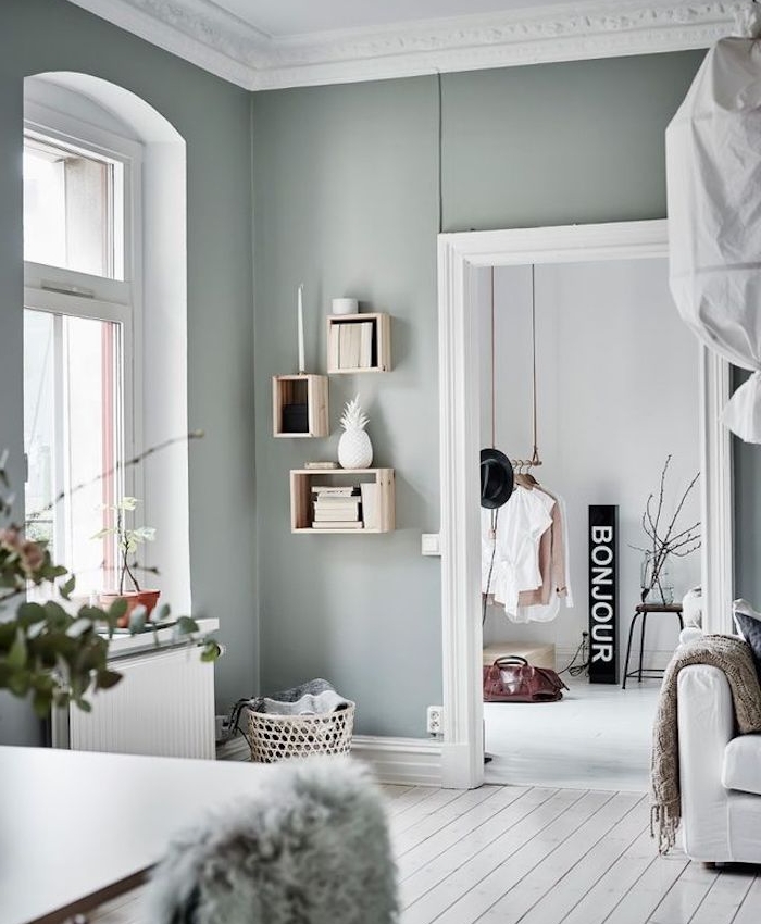 mur couleur vert gris dans un salon scandinave ouverte sur une chambre nordique, parquet blanchi et canapé blanc, étagères en cagette de bois, dressing ouvert