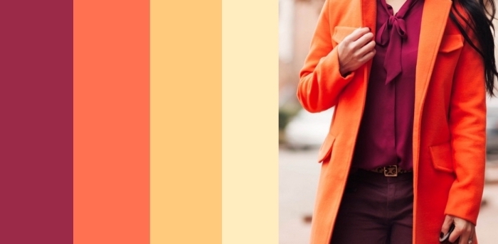 quelle couleur va avec le rouge, look femme en couleurs chaudes avec chemise bordeaux et manteau long orange