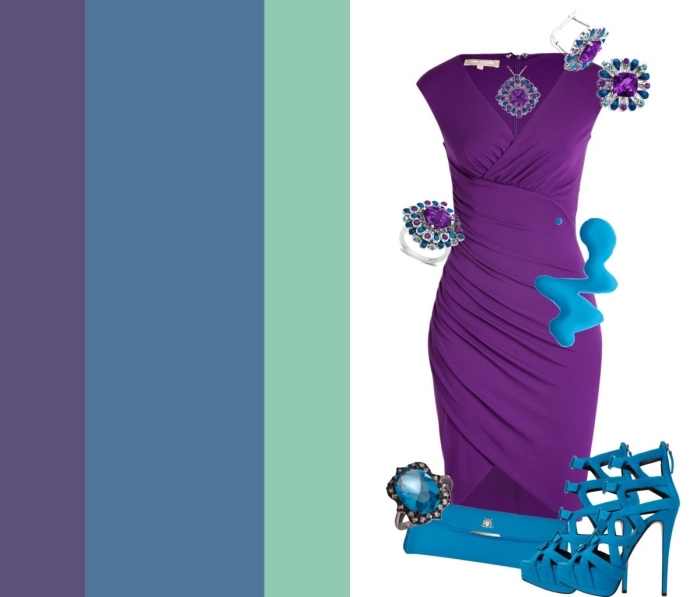 melange de couleur, tenue féminine en robe violette avec chaussures à talons et sac à main bleus