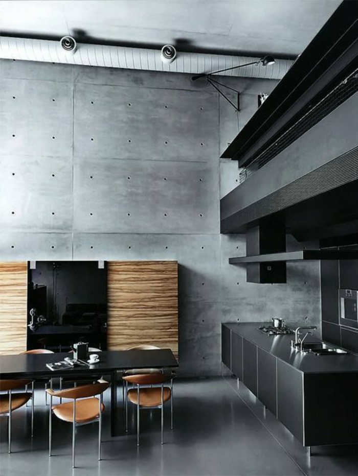 quelle couleur pour les murs d'une cuisine en style industriel, avec des meubles noirs et sol gris foncé