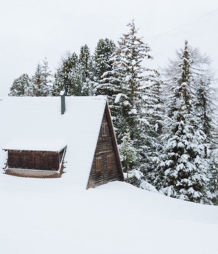 photo cabane en bois ensevelie sous la neige dans une montagne et pins couverts de neige abondante