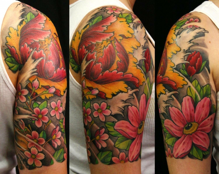 pivoines et fleurs roses, tatouage pour homme modèle floral, design de tatouage miraculeux