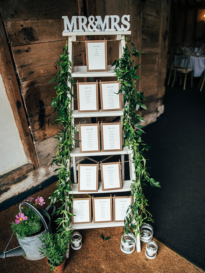 plan de table mariage champetre, echelle decorative en bois, guirlande feuillage vert, bougeoirs en pots de verre décorés de dentelle, arrosoir fleuri