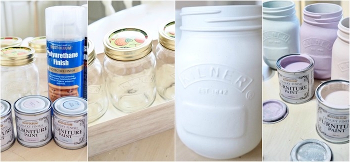 idée de recyclage pots en verre repeint en couleurs pastel pour fabriquer un vase de fleurs, centre de table mariage champêtre