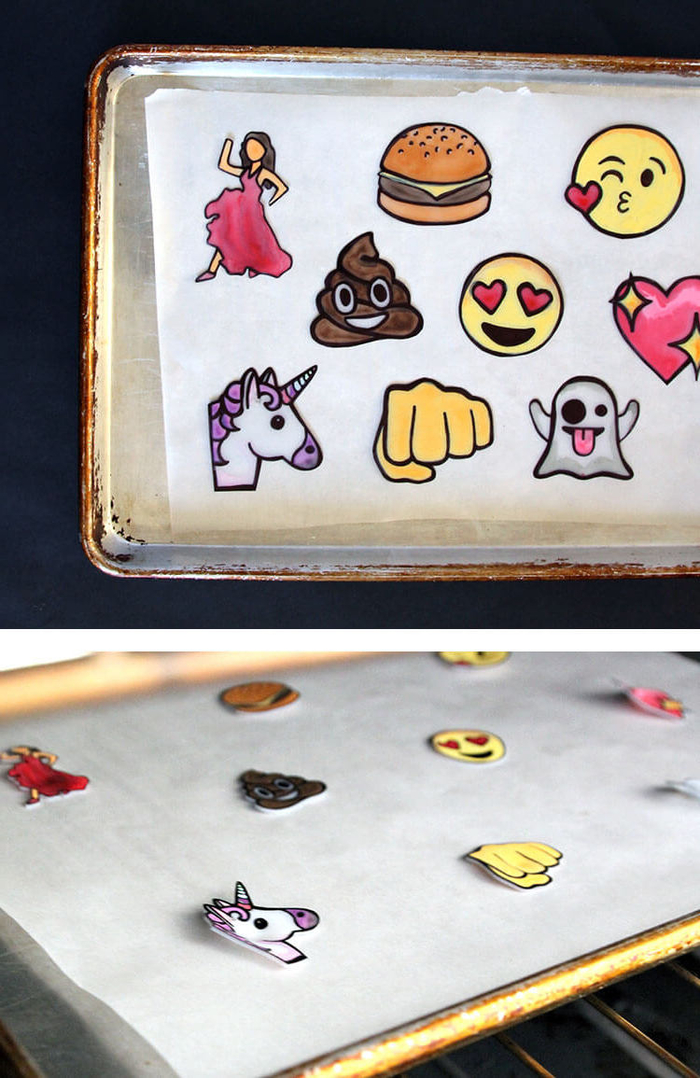tuto facile pour réaliser des stickers emojis en plastique, une activité manuelle adulte originale pour customiser ses vêtements