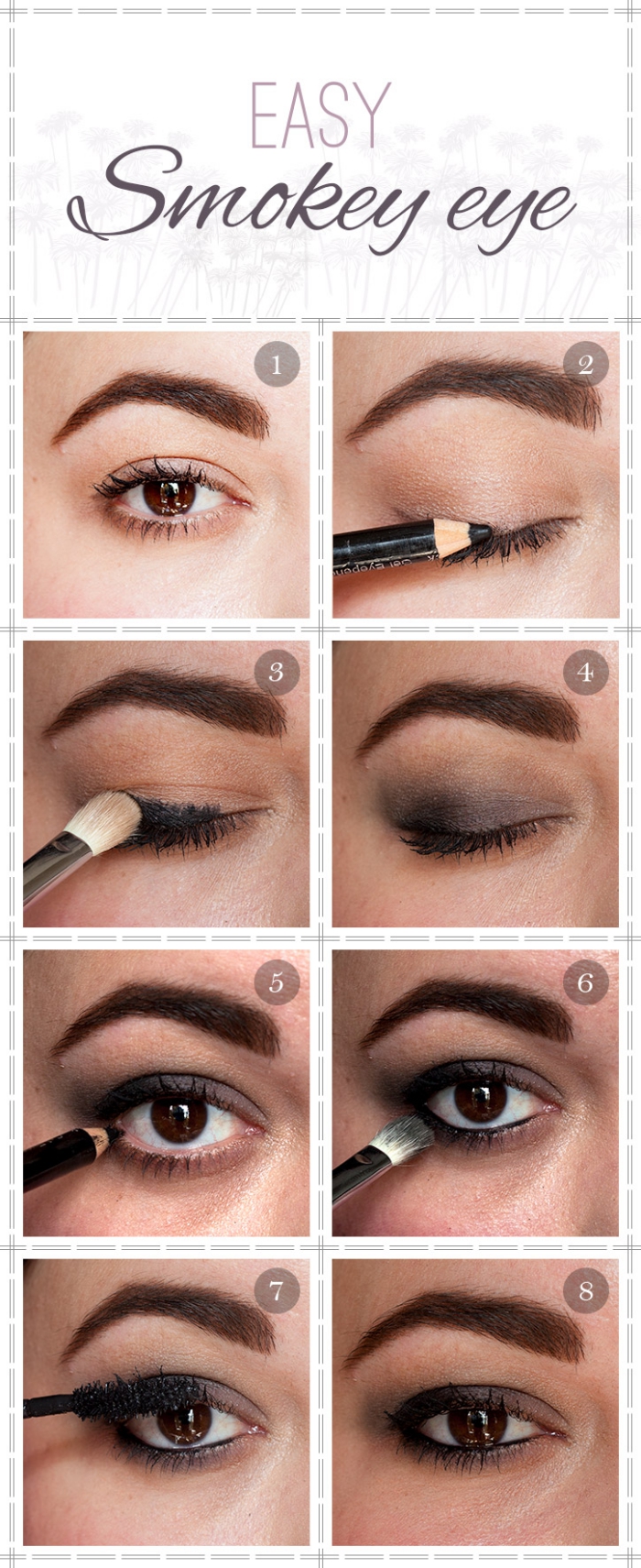 technique maquillage yeux marrons, tutoriel pour appliquer crayon yeux noir et fards à paupières de nuance marron
