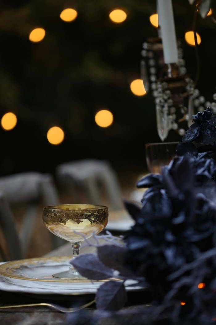 idee deco halloween de la table, guirlande lumineuse au-dessus de la table à manger décorée avec guirlande en feuilles séchées noires