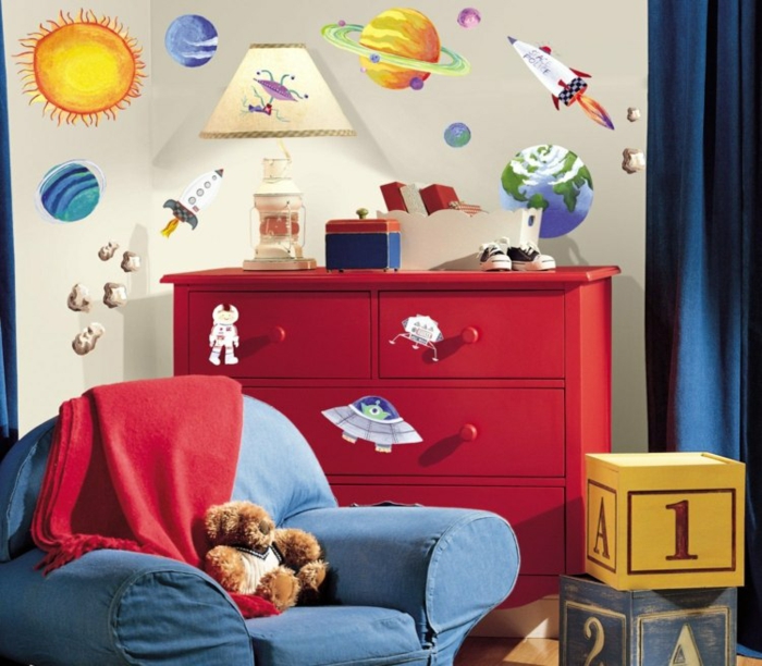 stickers chambre bébé thème cosmos avec des planètes et des meubles en couleurs rouge et bleu canard