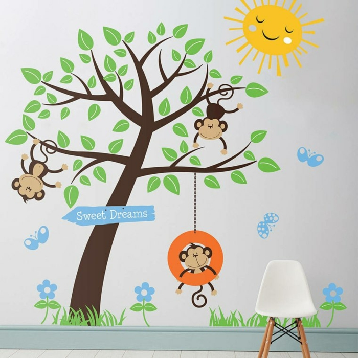 stickers chambre fille ou garçon avec un grand arbre et des singes qui jouent avec inscription Sweet dreams en bleu canard